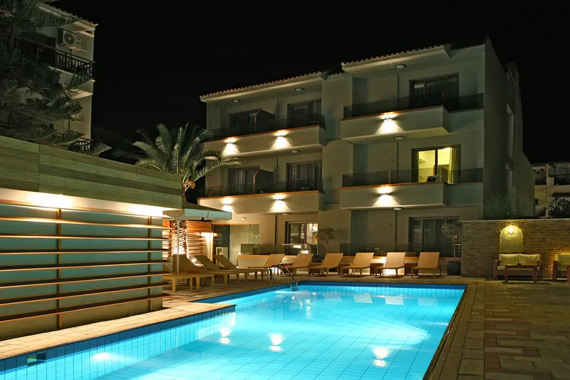 The pool lit from within after dark